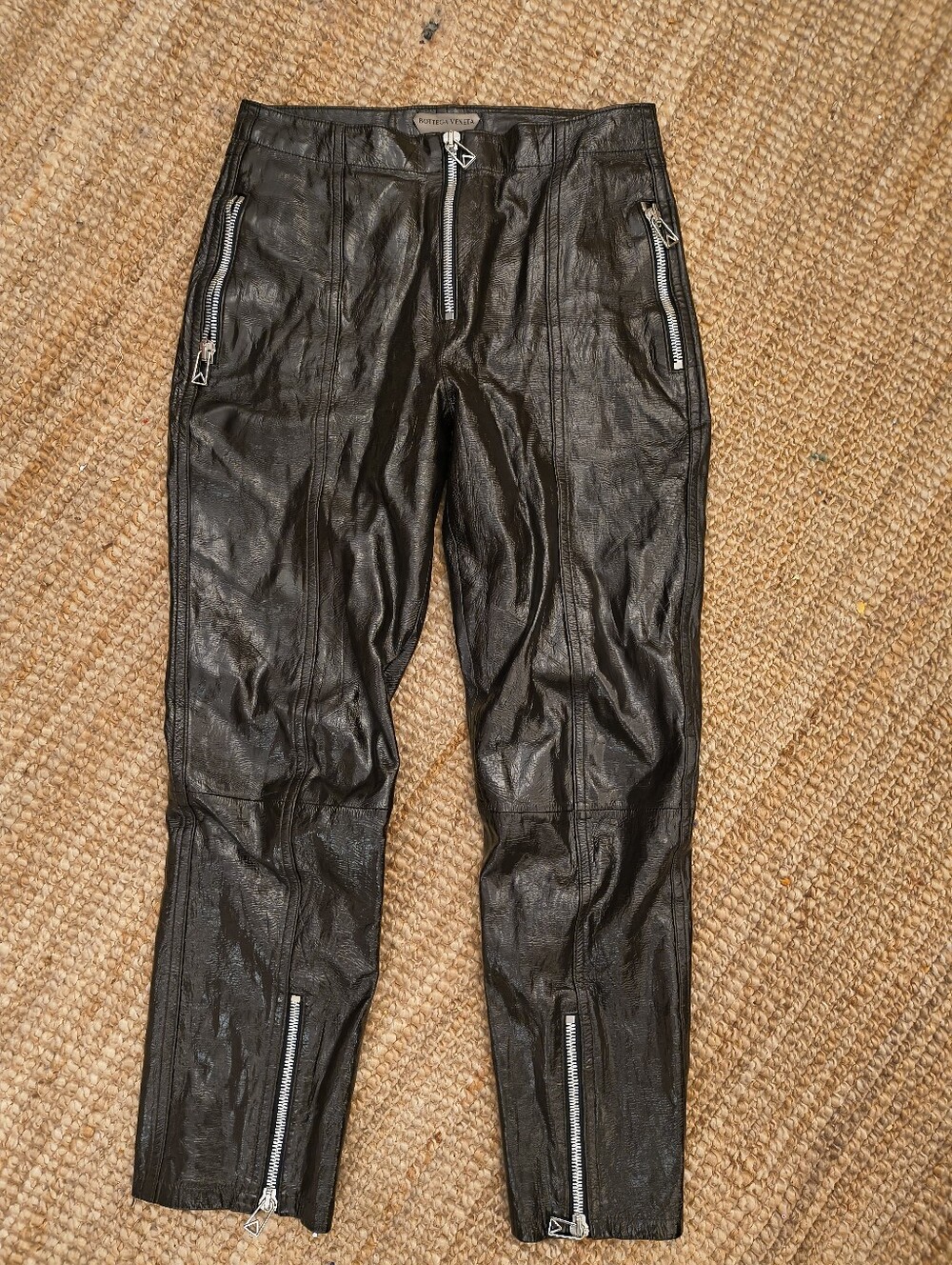 Bottega Veneta Dark Brown Patent Leather Zip-Trim Pants